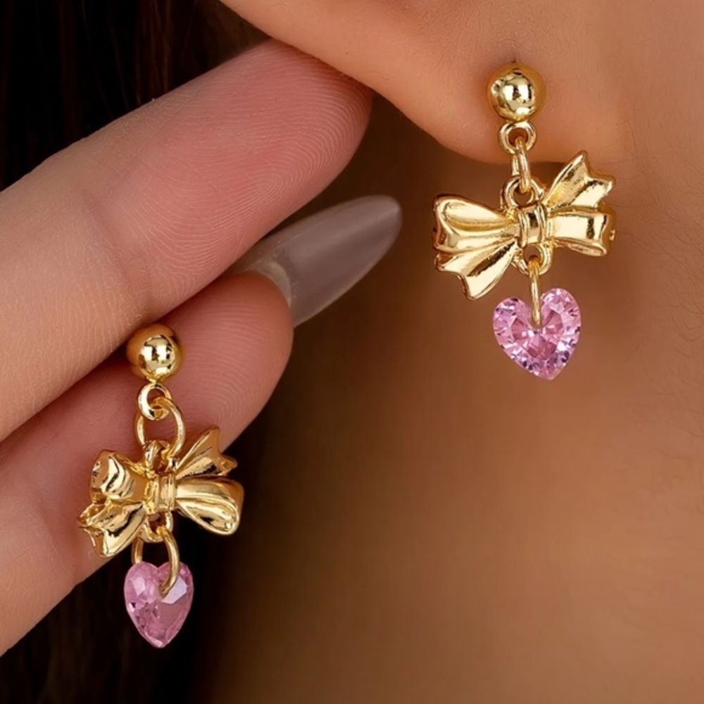 Gold Bow Pink Heart Drop Earrings Coquette Charm Studs NWT